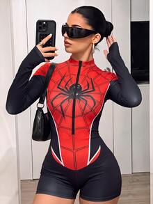 SHEIN ICON 女款修身連身褲，經典紅黑蜘蛛圖案，街頭風時尚極簡酷帥機車工裝風，Y2K學院風返校校園穿搭，夜店舞廳青年休閒風，派對聚會必備返校派對社交度假女款派對穿搭 - 彩色 - 查看 6