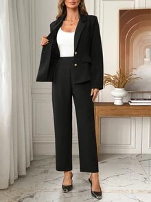 EMERY ROSE Women's Button Long Sleeve Jacket And Pants Suit Set - Black - View 9
