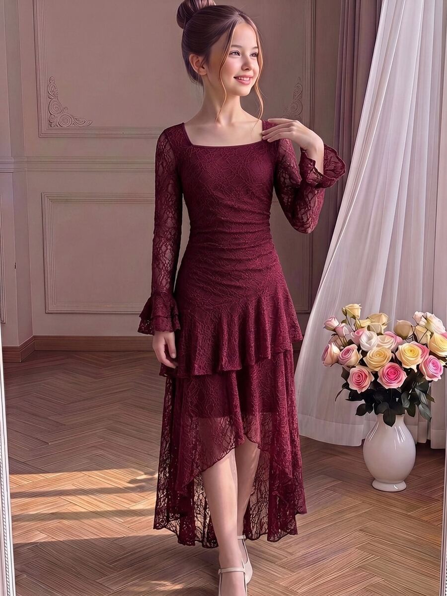 SHEIN Tween Girl Tween Girl Autumn/Winter Elegant Burgundy Lace Square Neck Flared Sleeve Long Multi-Layer Ruffle Asymmetrical Hem Waist-Cinching Long Dress - Burgundy - View 1