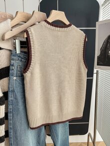 SHEIN Franclia Casual Loose Round Neck Sleeveless Knit Top With Contrast Trim In Khaki For Women, Spring/Autumn - Apricot - View 2