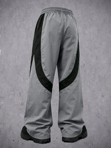 Manfinity Denimwave Men's Baggy Casual Pants, Elastic Waist Drawstring Loose Fit Wide Leg Trousers, Big & Tall Sizes Streetwear Color‑Block Pants For Daily Wear - Grey - View 5