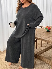SHEIN CURVE+ 大尺碼女款秋季休閒純色巧克力棕色冬季豐滿居家穿著兩件套秋季 - 深灰色 - 查看 5
