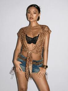 SHEIN ICON 女款休閒性感前開襟綁繩無袖上衣，Y2K風格，性感鹿花紋上衣 - 彩色 - 查看 4