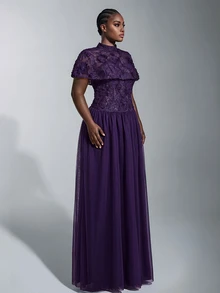 Elitara Plus Size Elegant Minimalist Deep Purple Lace Embroidered 2 Pieces Set Tube Top With Shawl Bodycon A-Line Long Dress For Wedding, Party, Formal Evening Event - Dark Purple - View 4