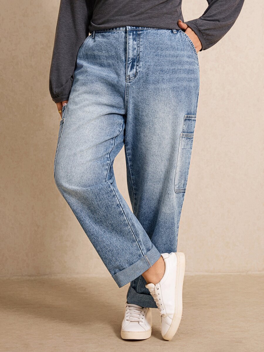 Elaquor Plus Size Women's Casual Daily Denim Jeans ,High-Rise Cargo Jeans With Elastic-Back Waist, Utility Pockets And Cuffed Hem,Halloween,Christmas,New Year