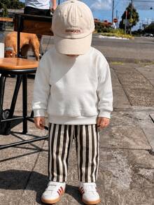 Young Boy 2件組秋冬加厚抓絨休閒時尚運動衫套裝，條紋長褲，幼童冬季穿搭，街頭風 - 綠色 - 查看 2