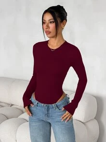 SHEIN PETITE 女款純色修身百搭日常穿著長袖連身衣，黑色，秋季極簡簡約百搭，小碼 - 酒紅色 - 查看 7