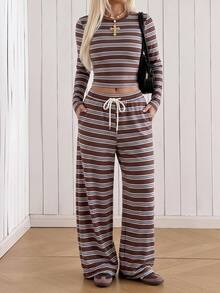 SHEIN EZwear 秋季新款復古棕色條紋印花抓皺長袖T恤與長褲兩件套，復古學院風，適合秋冬、畢業季、開學季、派對、聚會 - 彩色 - 查看 3