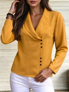 Zayélia Fashionable New Autumn/Winter Casual Long Sleeve Button Decor Women's Shirt - Yellow - View 4