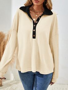 SHEIN 女款純色落肩長袖半開襟鈕扣寬鬆休閒T恤 - 杏色 - 查看 7