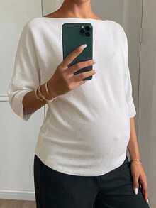 Dazy Maternity 寬鬆素色休閒短袖日常穿著初秋孕婦針織衫 - 白色 - 查看 6