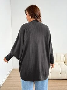 Shapeblank 大尺碼女款春秋時尚休閒寬鬆舒適日常百搭顯瘦華夫格針織黑色長袖開襟外套，秋季穿搭外穿上衣，極簡風秋季夾克 - 灰色 - 查看 2