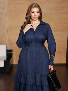 Roveilla Plus Size Denim Effect Collared Shirt Style Belt Waist Cinched Three-Layer Tiered Ruffle Full Skirt Elegant Layered Dress For Vacation And Party - Blue - View 5