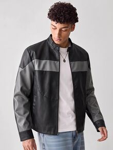 SWAVVY Men's Woven Fashion Casual Young PU Leather Fitted Long Sleeve Jacket - Black - View 1