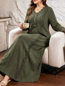 Al Najma Women's Plus Size Elegant Textured Lace Patchwork Dress - Green - View 1