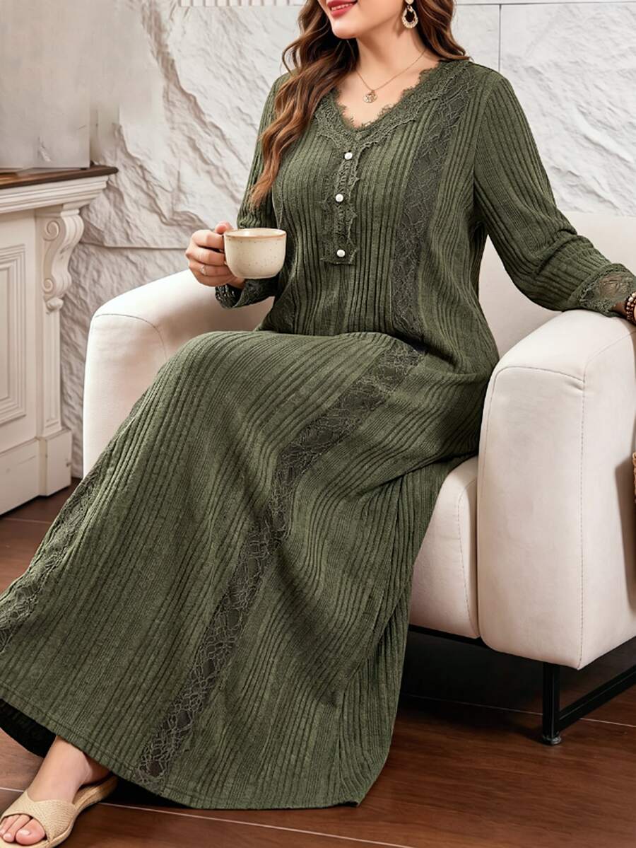 Al Najma Women's Plus Size Elegant Textured Lace Patchwork Dress - Green - View 1