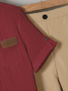 SHEIN 男童棕色小方領短袖襯衫 + 卡其色長褲，適合日常穿著、戶外活動、通勤、學校，秋冬款 - 酒紅色 - 查看 6