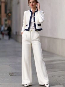SHEIN 2026 Women's Autumn/Winter New Elegant French Tweed Round Neck Contrast Color Short Jacket With High Waist Wide Leg Pants Set, Suitable For Commuting, Banquet, Daily Wear - White - View 3