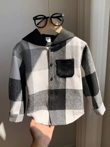 SHEIN 1件兒童小男孩秋冬款黑白格紋極簡休閒學院風連帽開襟襯衫，舒適面料，適合秋冬、返校、街頭穿搭、派對、外出 - 黑色 - 查看 5