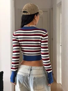 StreetHx Streetwear Women's Autumn/Winter Y2K Multi-Color Striped Cropped Slimming Versatile Long Sleeve Cardigan - Multicolor - View 2