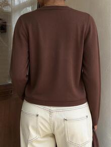FavEase Women's Autumn/Winter Casual Loose Knit Cardigan With Pockets And Gold Button Decor - Brown - View 2