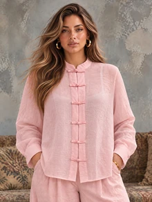 Ceyna Women's Plus Size Autumn Stand Collar Frog Button Waist-Cinching Long Sleeve Casual Blouse For Date, Party And Commute - Pink - View 1