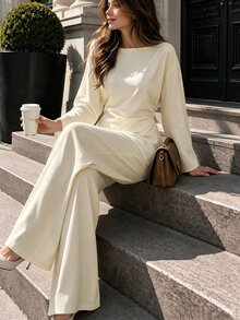 Celisse Women's Solid Color Long Sleeve Top And Pants Casual Daily 2 Pieces Set - Apricot - View 1