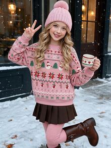 Tween Girls Casual Crew Neck Drop Shoulder Sweatshirt With Cartoon Pattern, Thermal Lined And Thick, Suitable For Autumn/Winter - Multicolor - View 1