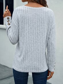 SHEIN LUNE 女款純色羅紋V領落肩長袖休閒寬鬆T恤 - 灰色 - 查看 2