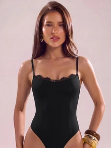 SHEIN BAE Bodysuit Hitam Seksi Wanita yang Dapat Dilacak - Hitam - View 3