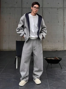 DAZY Autumn/Winter Gray Thermal Lined Contrast Color Patchwork Men's Hoodie Sweatshirt Set - Grey - View 6