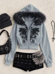 SHEIN EZwear Women's Streetwear Cropped Faux Fur Patchwork Hooded Sweatshirt - Light Grey - View 5