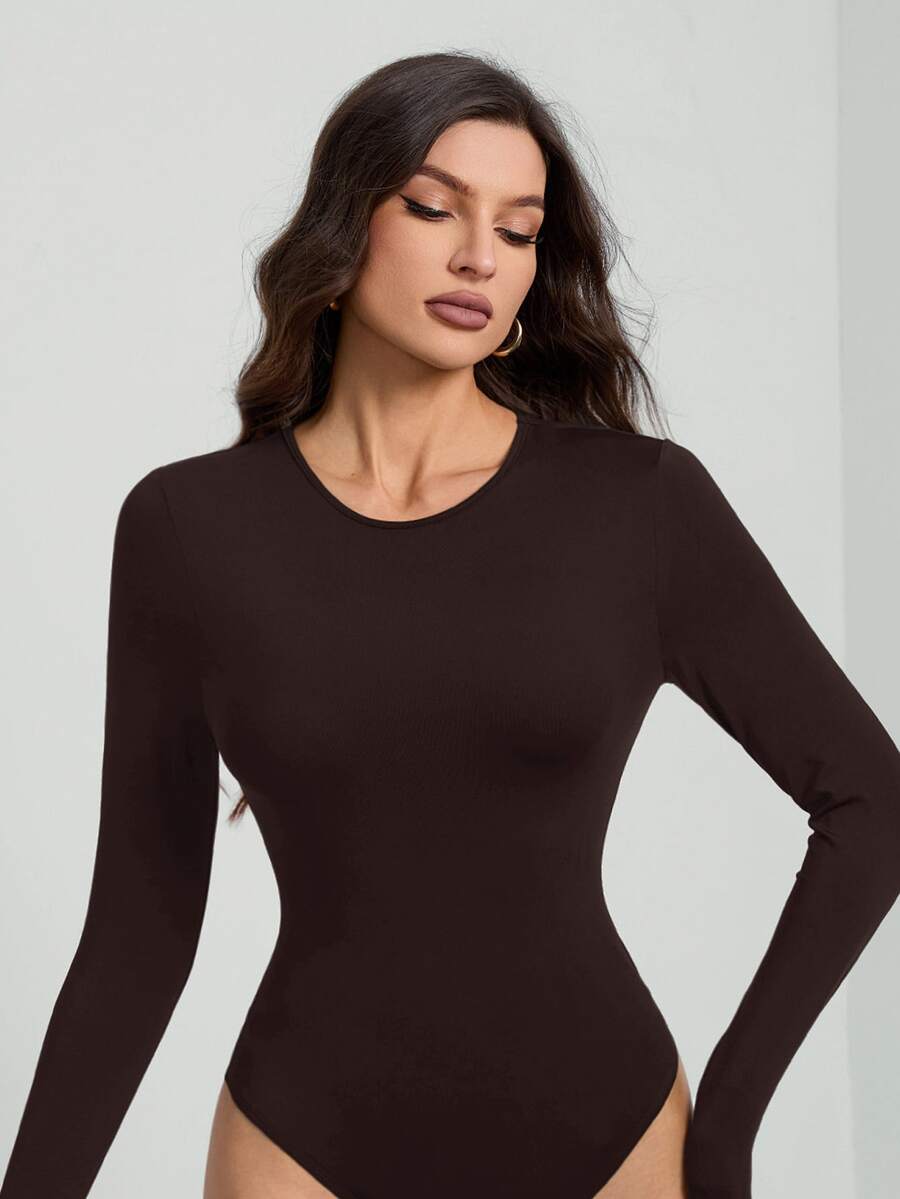 SHEIN Tall 純色長袖修身黑色連身衣,適合高個女性 - 巧克力棕 - 查看 1