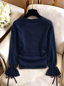 Rusticease New Spring/Summer Fresh Vintage Artistic Dyed Print Crew Neck Chic Ice Silk Lightweight Women's Pullover Sweater - Navy Blue - View 2