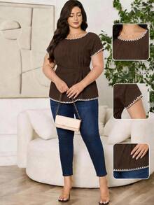 SHEIN Clasi Plus Size Women's Colorblock Pleated Casual Daily Wear Shirt - Brown - View 4