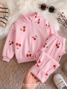 Cozy Pixies Babygirl Autumn/Winter Fleece Personalized Fashion Cherry Pattern Print Zip-Up Hoodie And Pants 2 Pieces Set, Suitable For Outings And Other Occasions - Multicolor - View 5