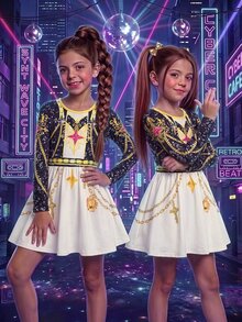 SHEIN 女童金屬鏈條圖案印花長袖洋裝 - 彩色 - 查看 8