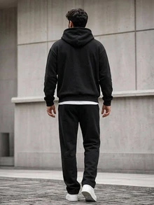 DAZY Black Corduroy Hooded Sweatshirt & Pants Set For Men, Spring/Autumn - Black - View 2