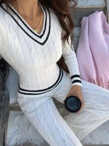 Flirla Women's Autumn/Winter Lazy Fashion Minimalist Casual Daily College Style Home Sweater 2 Pieces Set - Black and White - View 3