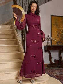 EastFlair Women's Floral Embroidered Pattern Casual Party Midi Dress - Dark Red - View 3