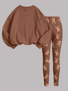 Tween Girl 1pc Christmas Elk Print Drop Shoulder Pullover Sweatshirt & 1pc Leggings Set - Multicolor - View 4