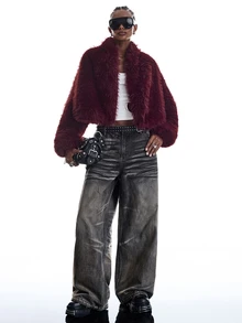 LYSMO Women's Elegant Long Sleeve Faux Fur Jacket Streetwear - Burgundy - View 4
