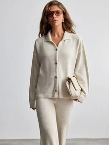 SHEIN طقم من قطعتين: كارديجان بقصة فضفاضة وأكتاف منسدلة وبنطلون بساق واسعة - لون مشمشي - مشاهدة 3