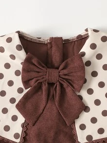 SHEIN Tween女孩秋冬休閒優雅復古波點印花對比蕾絲飾邊燈芯絨大領公主裙長袖梭織洋裝咖啡棕色兒童洋裝聖誕新年節日禮物 - 咖啡棕 - 查看 9