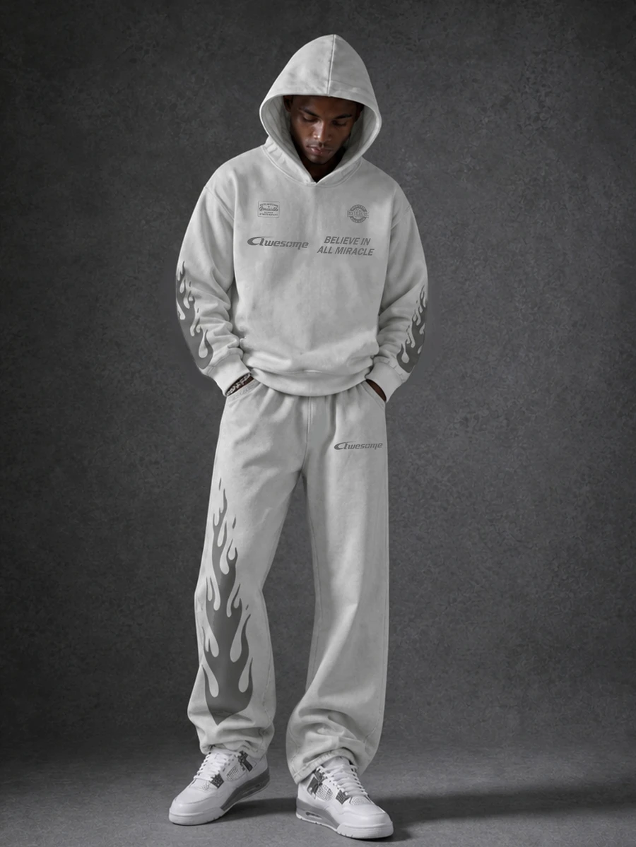 Manfinity Hypemode Men's High Street Casual Set, Grey Flame Pattern English Print Hoodie, Flame Pattern Loose Pants, Street Style Full Outfit, Daily Versatile - Multicolor - View 1