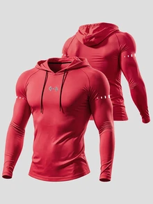 Gym Rark Men's Barbell Print Raglan Long Sleeve Drawstring Hooded Sports Sweatshirt, Gym - Red - View 1