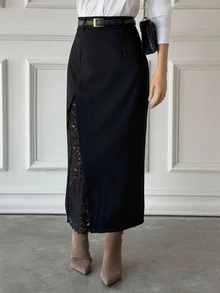 DAZY Women's Lace Patchwork Split Design Fashion Versatile Skirt - Black - View 2