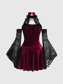 ROMWE Goth 哥德風優雅立領天鵝絨拼接蕾絲綁腰喇叭袖迷你洋裝 - 酒紅色 - 查看 2