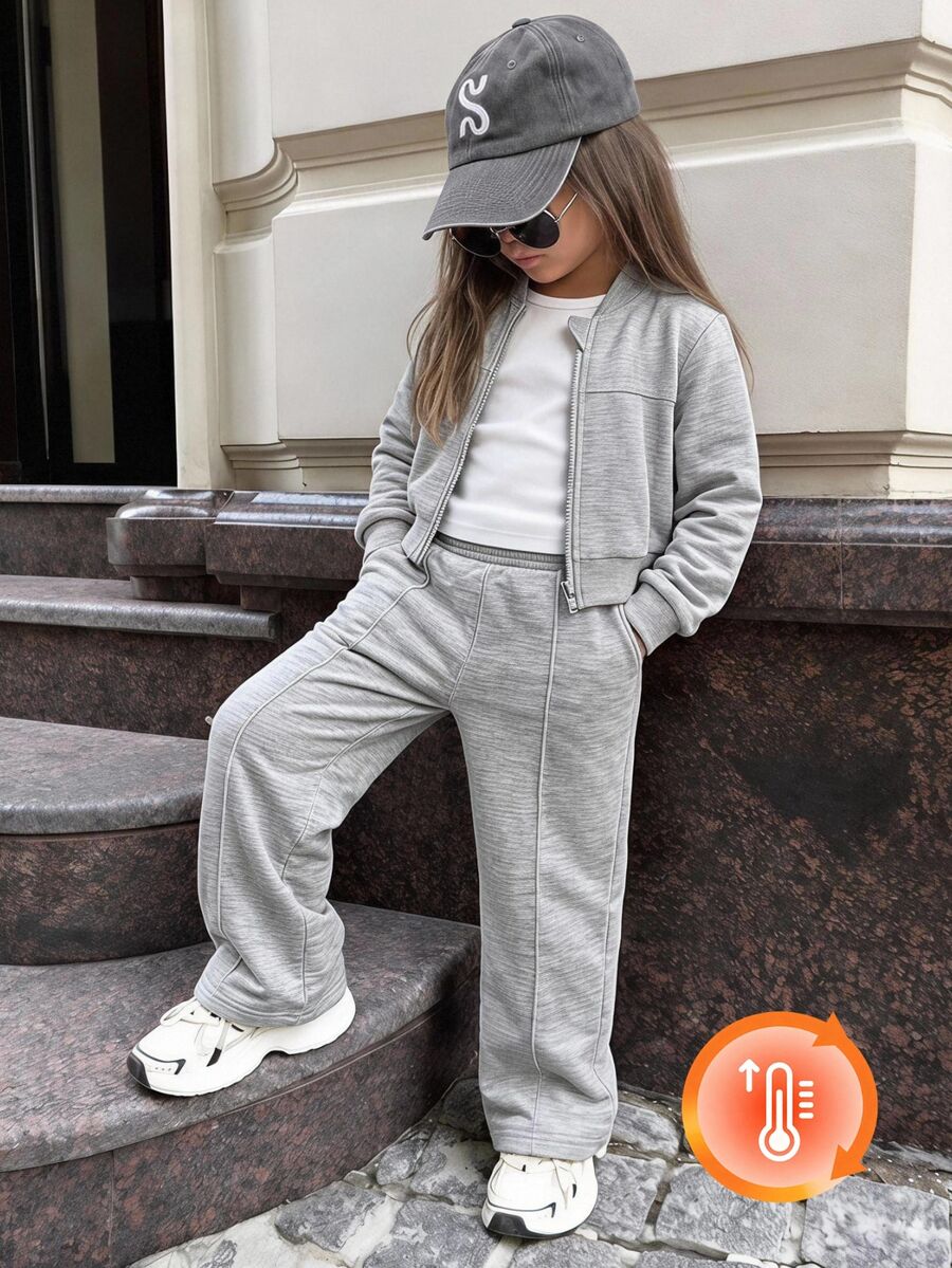 SHEIN Baby Girl Knit Solid Color Baseball Collar Loose Casual Jacket & Straight Leg Pants 2pcs Set - Navy Blue - View 1