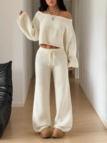 StreetHx Streetwear Women's Autumn/Winter Solid Color Y2K Loose Relaxed Dropped Shoulder Street Style Sweater 2 Pieces Set - Apricot - View 3